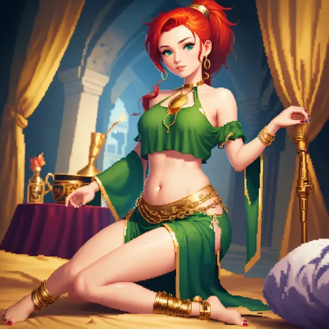 Pixel art of a young red-haired woman wearing a (((green halter top with gold details))), gold anklets, bare feet, (((blue nail polish))), (green pelvic curtain with gold details) in a tavern, (blue eyes), (((high ponytail))), beautiful detailed pixel art,...