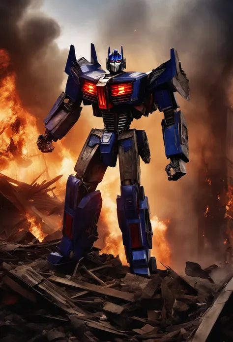 An image of the psychotic second in command transformer of the Decepticons standing on top of a destroyed building, surrounded by flames and debris, with a maniacal grin on her face as she holds a shattered Autobot insignia in her hand.,Transformers,starsc...