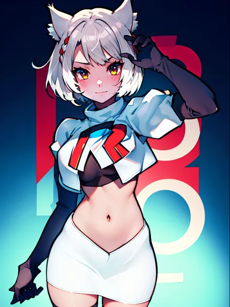 face of mio (xenoblade), 1girl,team rocket,team rocket uniform, red letter R, white skirt,white crop top,black thigh-highs,black elbow gloves, cat ears, white hair