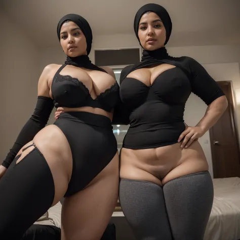 (best quality,highres,ultra-detailed,realistic:1.37),curvaceous,mature,voluptuous,curvy, sultry, seductive, alluring, big sexy fat ass hijabi woman mature front, black leggings, black bra