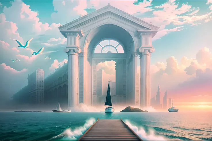 there is a boat that is sailing in the water near a building, vaporwave surreal ocean, surreal scene, surreal mystical atmospher...