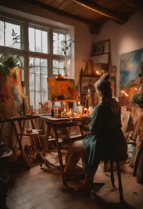 A photo of a cozy art studio with colorful paintings and a messy paint palette.,original,Wearing beautiful clothes and having a nice body