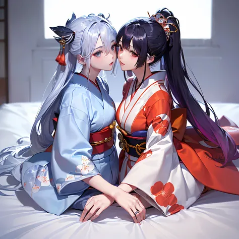 concept-art、「1 couple、A man looking kindly at a woman、Shy woman、focal、silber hair、((Super handsome boy and super beautiful girl））、tassels、bangss、carp、colourfull、bold colors、White kimono、(open)kimono、komono、Write、Japanese style background、(Two people lookin...