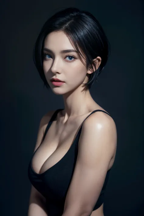 Skin Tight Black Top:1.2, Looking at Viewer, Cinematic lighting, Perfect, softlight, High resolution skin:1.2, Realistic skin texture, Realistic face, off shoulders, Exposed cleavage, Blue eyes, Short hair、Bust B Cup、fullnude、