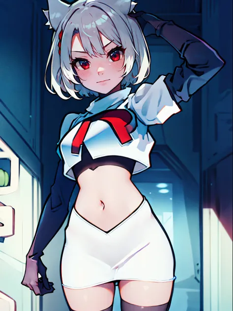 face of mio (xenoblade), 1girl,team rocket,team rocket uniform, red letter R, white skirt,white crop top,black thigh-high boots,black elbow gloves, cat ears, white hair