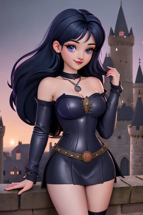 close up 1girl in, 20years, Solo, Aesthetic artwork, long dark blue hair, thick dark blue hair, light blue eyes, clear skin, pale skin, massive breasts, DD-Cup, cleavage, fit body, (round hips, thin waist: 1.25), (Sirius face, dark lipstick, mischievous sm...