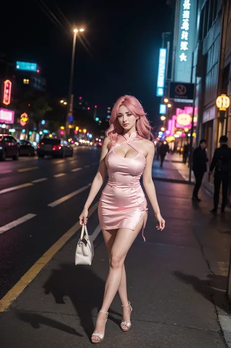 (best quality,4k,highres,masterpiece:1.2),ultra-detailed,(realistic,photorealistic,photo-realistic:1.37),sexy woman, big breasts, slim, pink hair, long legs, full body visible, full body, feet visible, pink heels, Chinese dress, standing, at night, on the ...