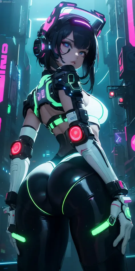 top-quality))、((​masterpiece)、cyberpunked、Big buttocks、Electronic visor attached to 12-year-old girls face with emphasis on buttocks、Cyberpunk Fashion、Sexy Posing、(Wearing white body spats on lower body、Breasts enlarged、Neon lights in dark city at night