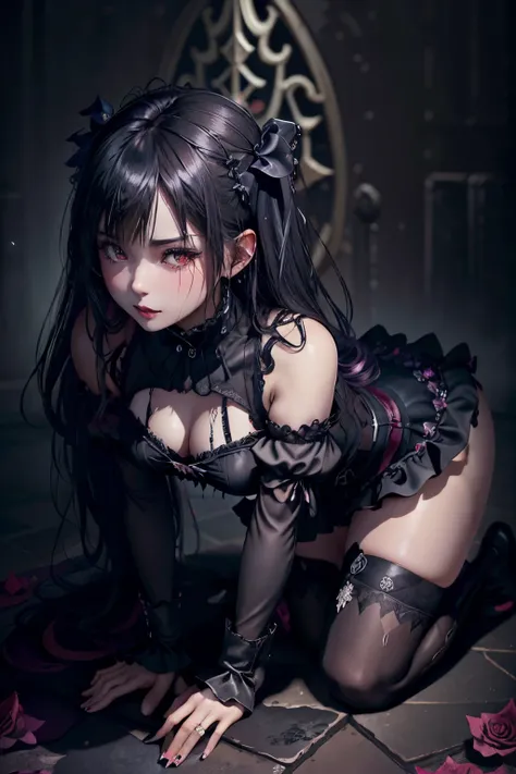 Hard Dark Gothic Makeup、Maniacal、Deep night sky、horor、Black Dark Eyeshadow、crying how bright、mourn、Good skin luster、Long hair straight hair、Dark Gothic Makeup、Dark smile、Restless Palace、Expressions of sexual arousal、Fragrant beauty、22year old、Lying、seducti...