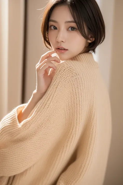 a close up of a woman with a sweater on posing for a picture, Middle metaverse, 奈良美智, Japanese Models, Beautiful Asian Girl, With short hair, 2 4 years old female model, 4 k ], 4K], 2 7 years old, sakimichan, sakimichan