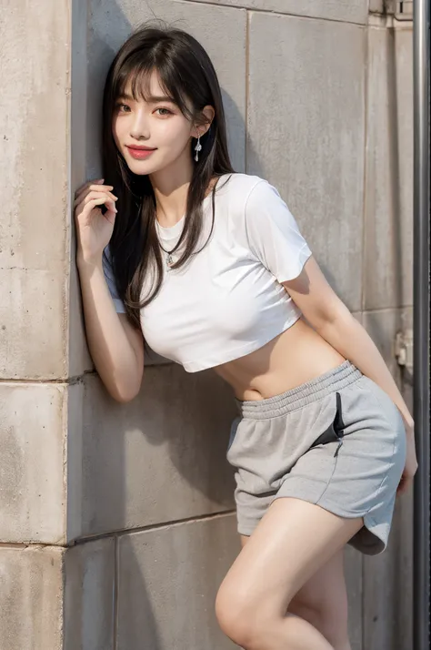 Best quality, RAW photos, super high resolution, shooting from the side, bright silver hair, bright gray hair, popping smile, one corner of mouth raised, 16 year old Korean, very big round breasts, cleavage, cropped t-shirt, running clothes, training cloth...