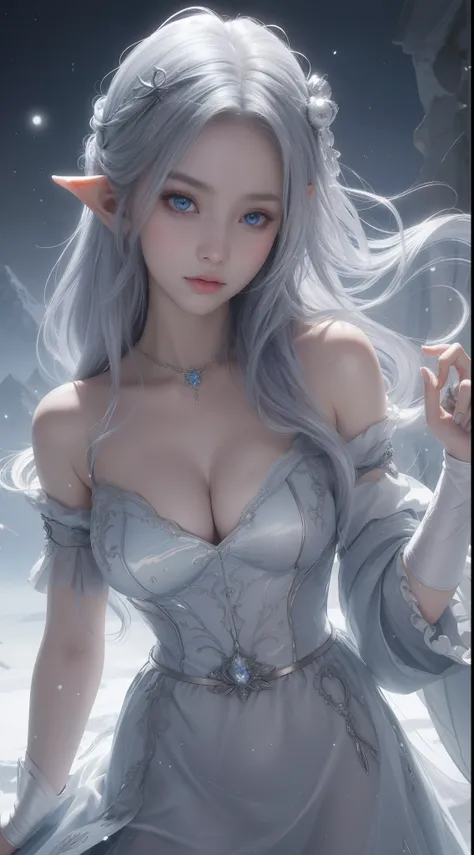 tmasterpiece，Highest image quality，Beautiful half length portrait of noble elf girl，Delicate silver hairstyle，clear sky blue eyes，Various well-made jewelry gauze skirts，snowy desert，Moonlight super detailed，advanced。At the Pixiv Art Station，Break your own ...