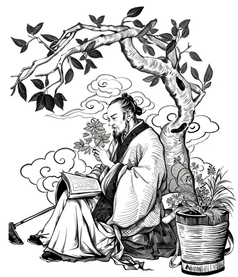 Black and white print of an old Chinese medicine doctor sitting under a tree,wearing a hanfu，Herbs in hand，There is a medical book on the lap，There is a basket on the right side，It&#39;s filled with various herbs, There is also a hoe for collecting medicin...