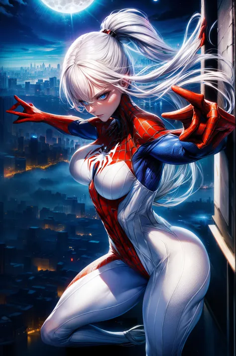 (tmasterpiece, 4K分辨率, Surreal, The is very detailed), (White costume superhero theme, Charismatic, Girl at the top of the city, Wearing a white Spider-Man costume, superheroine), [((23years old), (Long white hair:1.2), full bodyesbian, (eBlue eyes:1.2), (S...