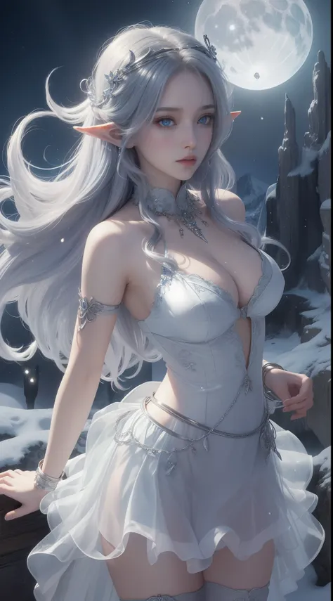 tmasterpiece，Highest image quality，Beautiful half length portrait of noble elf girl，Delicate silver hairstyle，clear sky blue eyes，Various well-made jewelry gauze skirts，snowy desert，Moonlight super detailed，advanced。At the Pixiv Art Station，Break your own ...