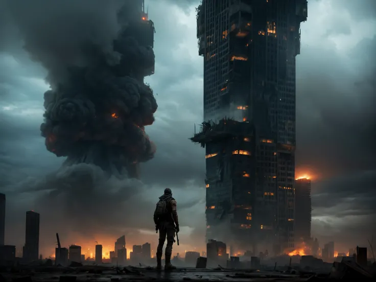 In a post-apocalyptic world, remnants of a once-great city lie in ruins. A lone survivor stands atop a skyscraper, gazing at the horizon where a colossal storm of swirling dark energy approaches.