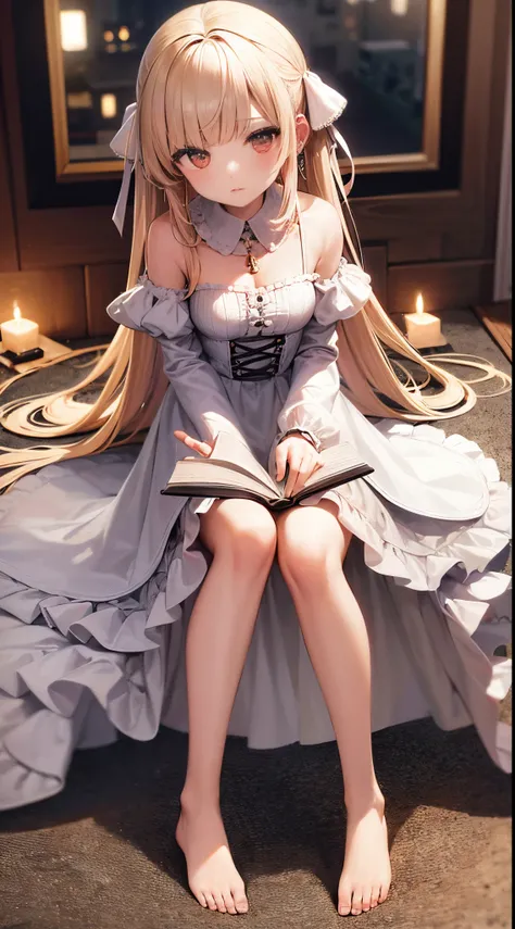 Estilo anime jovem beleza mulher em vestido clonial andando no castelo lendo um livro, tela nas paredes, velas nas paredes, abrir janelas, mesa com livros, elacsorri com vergonha e olha para frente, ela tem cabelo ruivo cacheado, americana sulista, algumas...