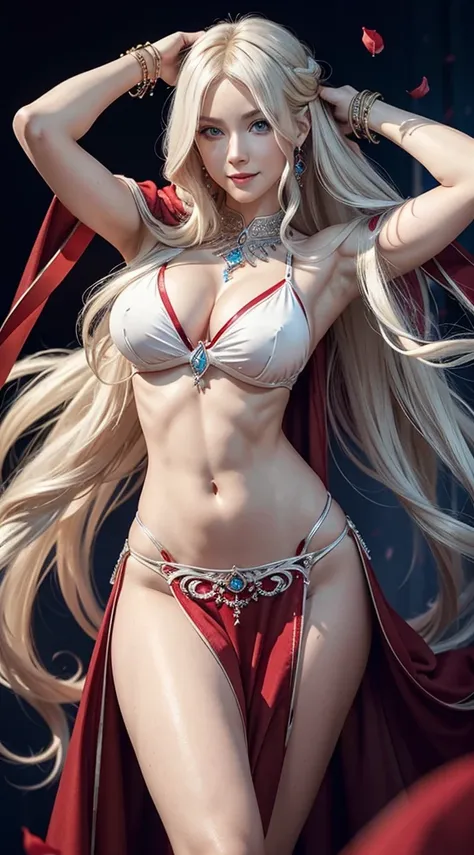 A 23-year-old white woman with unparalleled beauty.、blue eyess、platinum-blonde、White skin、hair is wavy、Longhaire、The ends of the hair are curled upwards、a smile、Wearing a sexy red belly dance dress、dancing belly dance、Detailed art nouveau background、The na...