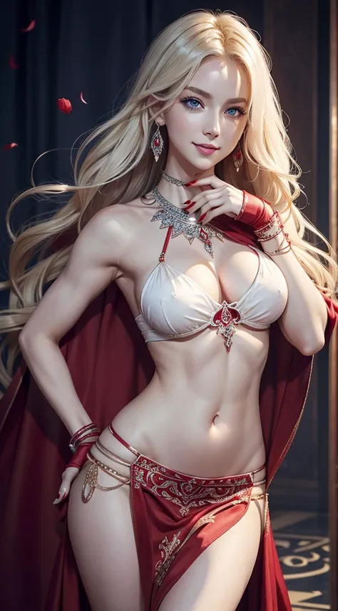 A 23-year-old white woman with unparalleled beauty.、blue eyess、platinum-blonde、White skin、hair is wavy、Longhaire、The ends of the hair are curled upwards、a smile、Wearing a sexy red belly dance dress、dancing belly dance、Detailed art nouveau background、The na...