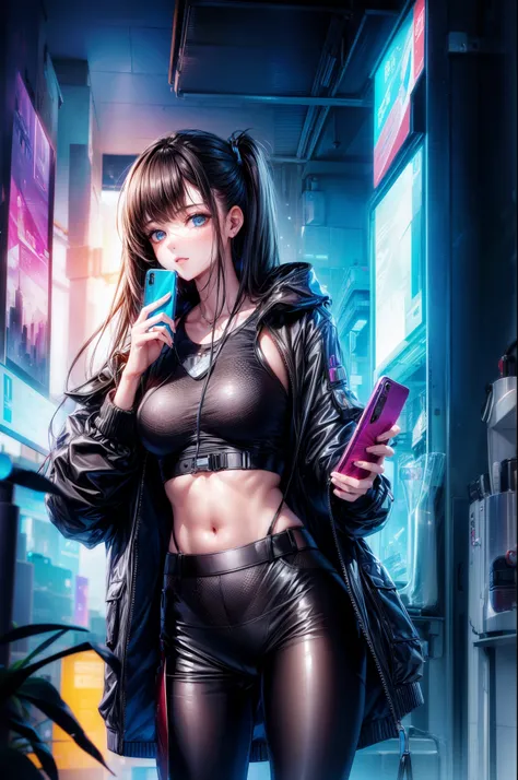 ((Beautiful girl holding mobile phone in hand)) 4K 8K:: actual::4 Cyberpunk::1 --v 4 --Quality 2