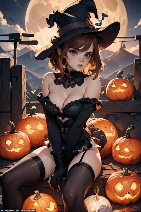 alluring beautiful halloween witch emma watson, frilly sensual gothic striped clothes, pointy hat, barely clothed, with moon and pumkin ornaments, pumkin bikini, bikini made of pumkins, frilly striped gloves and long socks, exposed breasts, exposed crotch,...