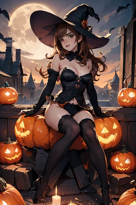 alluring beautiful halloween witch emma watson, frilly sensual gothic striped clothes, pointy hat, barely clothed, with moon and pumkin ornaments, pumkin bikini, bikini made of pumkins, frilly striped gloves and long socks, exposed breasts, exposed crotch,...