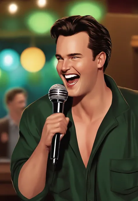 A photo of Chandler at a karaoke bar, holding a microphone and passionately belting out a song,Friends TV Show,Chandler Bing, a character from the popular TV sitcom “Friends,” has a lean build and a boyish appearance, often characterized by his short, neat...