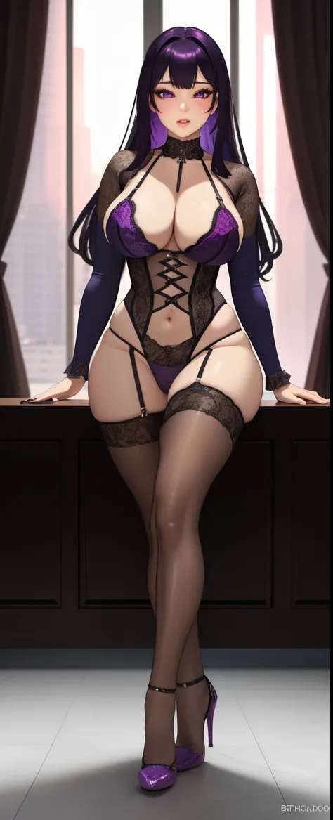 (ultra-detailed,photorealistic:1.2), HDR, professional, vivid colors, bokeh, 3D rendering, sexy curvy girl, solo, purple hair, ahegao face, big boobs, sensual, seductive pose, soft lighting, lace lingerie, high heels, boudoir photography, glamorous, confid...