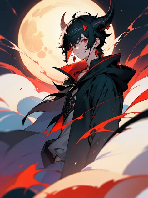 1boy, short scruffy black hair, bangs, red eyes, moon, dark night, long earrings, hoodie, horns, looking at viewer, upper body, no hands, fantasy aesthetics, highly detailed,