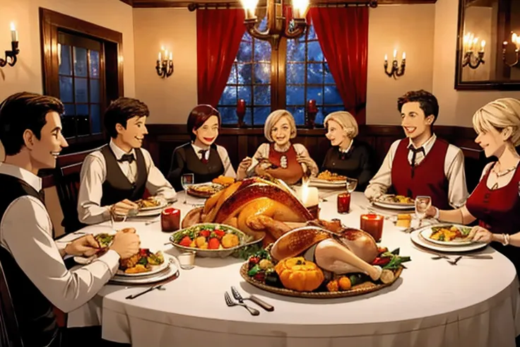 thanksgiving dinner, turkey in the center of the table, 7 people smiling and sitting around the table, candle lit around the table, night time, homely atmosphere, cartoon style