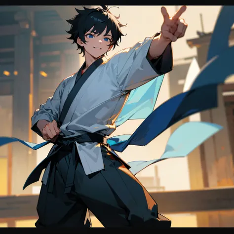 (best quality,4k,highres,masterpiece:1.2),ultra-detailed,physically-based rendering,professional,vivid colors,bokeh,portrait,anime,messy blueish black hair,dark blue eyes,Karate Gi,baggy grey pants,smiling expression,temple background,standing in outdoor m...