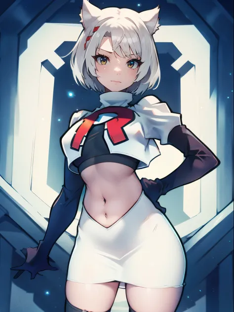 face of mio (xenoblade), 1girl,team rocket,team rocket uniform, red letter R, white skirt,white crop top,black thigh-high boots,black elbow gloves, cat ears, white hair