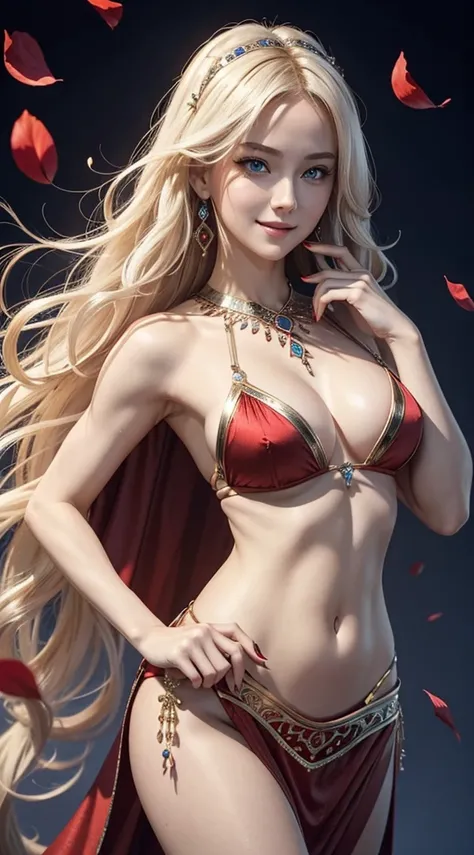 A 23-year-old white woman with unparalleled beauty.、blue eyess、platinum-blonde、White skin、hair is wavy、Longhaire、The ends of the hair are curled upwards、a smile、Wearing a sexy red belly dance dress、dancing belly dance、Detailed art nouveau background、The na...