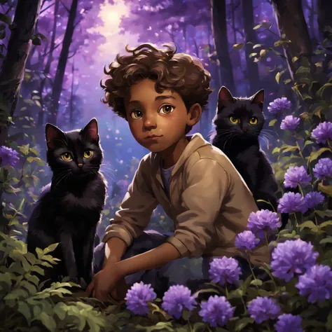 close-up view: two boys, light brown skin color, sitting in the night forest in a clearing with purple flowers, one black cat sits next to them