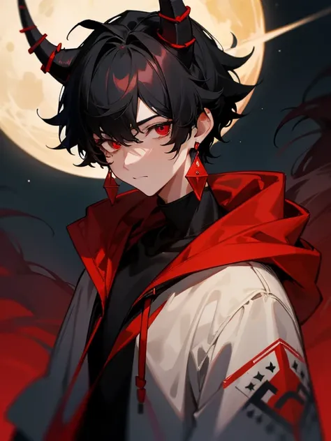 1 teen boy, scruffy black hair with slight red, bangs, red eyes, moon, dark night, long earrings, loose hoodie, horns, looking at viewer, upper body, no hands, fantasy aesthetics, highly detailed,