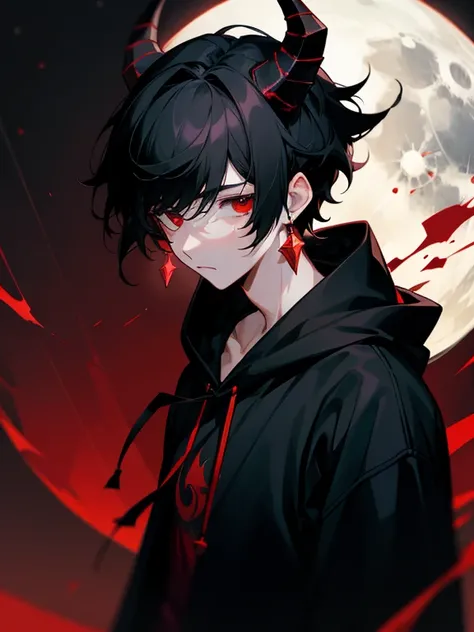 1 teen boy, scruffy black hair with slight red, bangs, red eyes, moon, dark night, long earrings, loose hoodie, horns, looking at viewer, upper body, no hands, fantasy aesthetics, highly detailed,