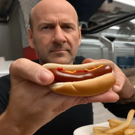 He’s a middle aged man who is balding but the star of the show is that his fingers are hot dogs ,original,He’s a middle aged man who is balding but the star of the show is that his fingers are hot dogs ,face,photo