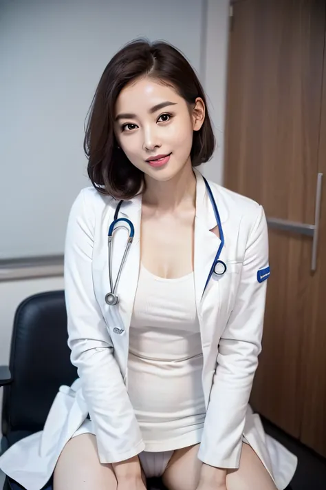 1womanl、(Super beautiful)、(beauitful face:1.5)、physician、(Dressing:1.3)、(White coat for doctors:1.5)、white  shirt、(a miniskirt:1.3)、Sit in a chair in the exam room、(showing   panties)、(white  panties:1.1)、(with spreading legs)、(stethoscope)、(At SFW:1.1)