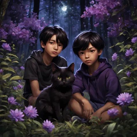 close-up view: two boys, light brown skin color, medium length black straight hair, sitting in the night forest in a clearing with purple flowers, one black cat sits next to them