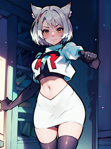 face of mio (xenoblade), 1girl,team rocket,team rocket uniform, red letter R, white skirt,white crop top,black thigh-high boots,black elbow gloves, cat ears, white hair