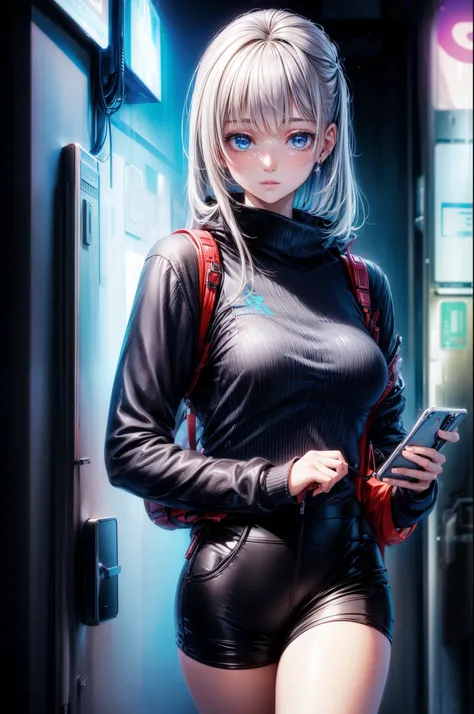 ((Beautiful girl holding mobile phone in hand)) 4K 8K:: actual::4 Cyberpunk::1 --v 4 --Quality 2