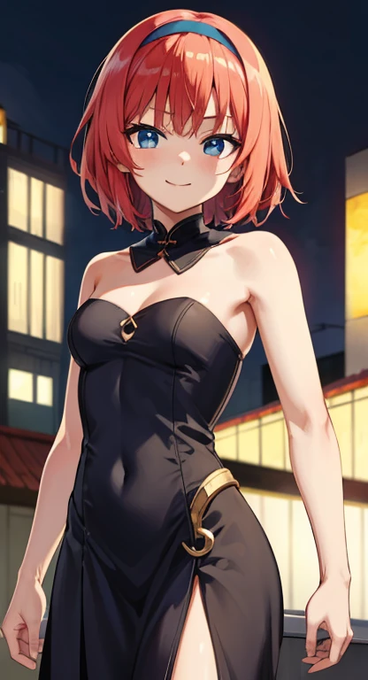 Karenstadtfeld, Karen Stadtfeld, Blue eyes, white hairband, Red hair, Short hair, bare arms, bare shoulders, little black dress, strapless dress, skin-tight dress, BREAK looking at viewer, BREAK outdoors, city, BREAK (masutepiece:1.2), Best Quality, High r...