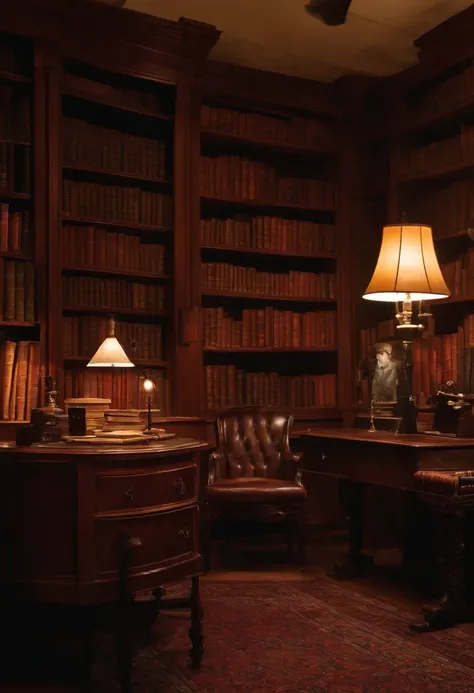 A dimly-lit study with antique furnishings, filled with shelves of macabre and mysterious books,original,Portrayed by Stephen King, the American author, himself