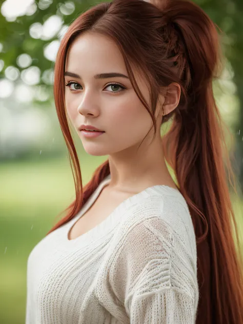 A beautiful girl, 17 years old, high school student, in a park walking in the rain, long straight red hair combed in two braids and ponytail, white skin, emerald green eyes, casual clothes, short black waist-length dress, white thigh-high stockings, gray s...