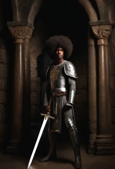 A photo of the character dressed as a dramatic knight, wielding a shining sword and standing in a medieval castle set.,original,He is a black man with a large Afro. He likes to wear gray sweatpants and no shirt.