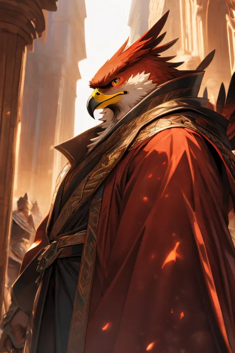 Hawkman，Wearing Mage robe ，Red Hawk，hawk feathers，robe，Mage Staff，, Anthropomorphic mage hawk，Anime concept art，red falcon mage, ((top-quality))、((tmasterpiece))、((ultra - detailed))，（High- sharpness，ultra - detailed），tmasterpiece, High detail, (A high res...