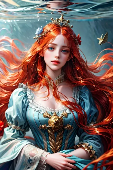 (absurdres, highres, ultra detailed), 1girl, solo, mature, (long hair), Baroque, dress, long sleeve, elegant, holy, colorful, highest detailed, portrait, close up, underwater, floating hair, flower, red hair, blue eyes