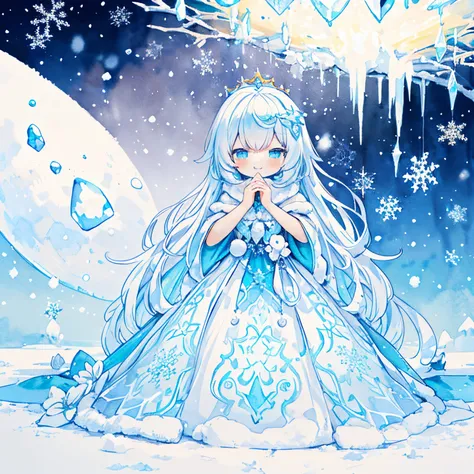 big ice castle background、(vibrant glow:1.2)、１girl with：1.3、A smile、snow queen elegance,
Floor-length gown in cool shades of silver or pale blue, Reminiscent of sparkling snow,
Intricate beadwork and sequins mimic the frost pattern on the dress。。。,Flutteri...