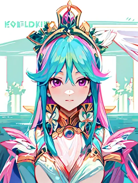 Celestia, celestia from my little pony, celestia in the form of a girl, long wavy hair, pink eyes, lush breast, greek columns, outside, beautiful majestic forest, vine leafs surrounding the columns, bush of flowers everywhere, wear a white goddess dress, k...