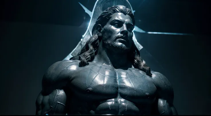 Una majestuosa escultura que muestra a Zeus ataviado con un manto celestial, detailed sculpted muscles and a serene expression, illuminated by soft lights that highlight your divine connection, sobre un fondo oscuro que intensifica su aura celestial.